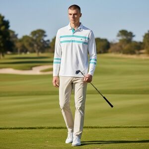 FootJoy Mens Long Sleeve Golf Polo White Teal Striped Performance Shirt